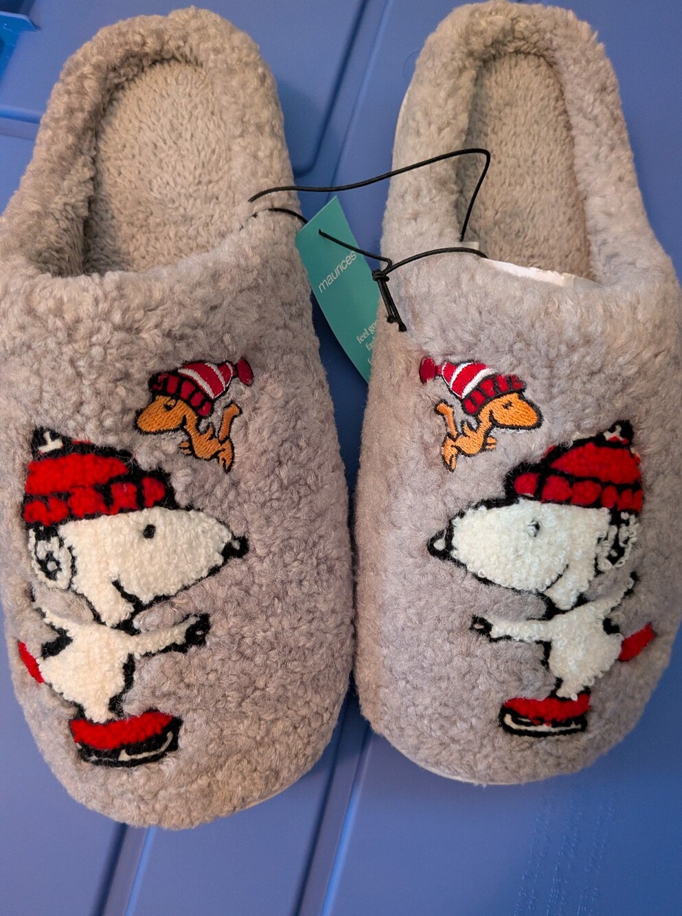 Maurices Grey Snoopy & Woodstock Plush Slip-On Slippers with Red Accents M/L